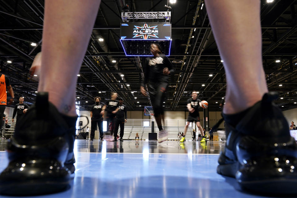 Team Stewart players work on the court during practice for the WNBA All-Star basketball game in Chicago, Saturday, July 9, 2022. (AP Photo/Nam Y. Huh)