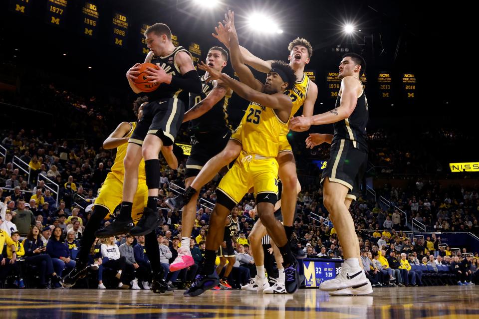 Feb 25, 2024; Ann Arbor, Michigan, USA; Purdue Boilermakers guard Braden Smith (3) rebounds in the first half against the Michigan Wolverines at Crisler Center. Mandatory Credit: Rick Osentoski-USA TODAY Sports