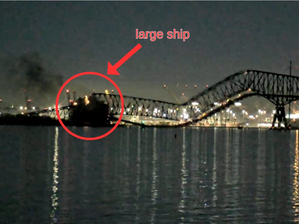 A screengrab of a livestream at around 1:28 a.m. showed what appeared to be a large ship colliding with the Francis Scott Key Bridge in Baltimore, Maryland.