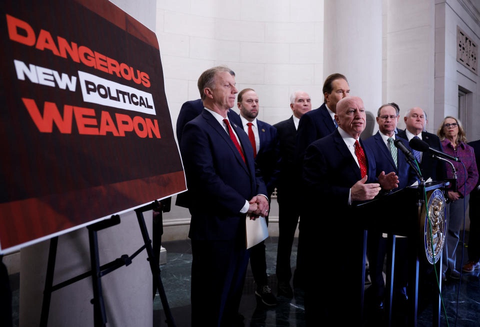 House Ways and Means Committee Ranking Member  Rep. Kevin Brady (R-TX) addresses reporters prior to a House Ways and Means Committee meeting to discuss former President Donald Trump's tax returns on Capitol Hill in Washington, U.S., December 20, 2022. REUTERS/Evelyn Hockstein