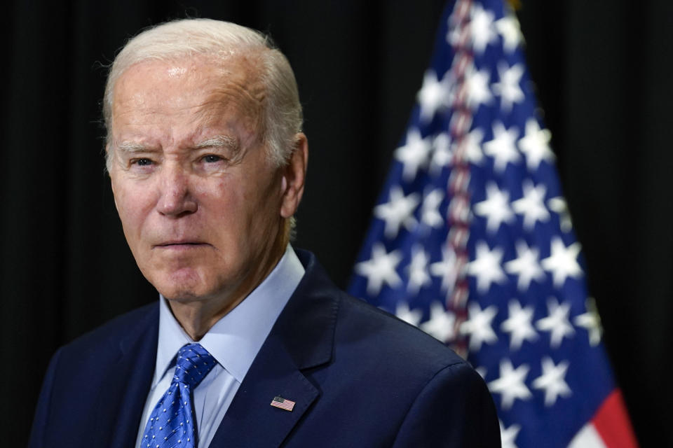 President Joe Biden speaks to reporters in Nantucket, Mass., Sunday, Nov. 26, 2023, about hostages freed by Hamas in a third set of releases under a four-day cease-fire deal between Israel and Hamas. (AP Photo/Stephanie Scarbrough)