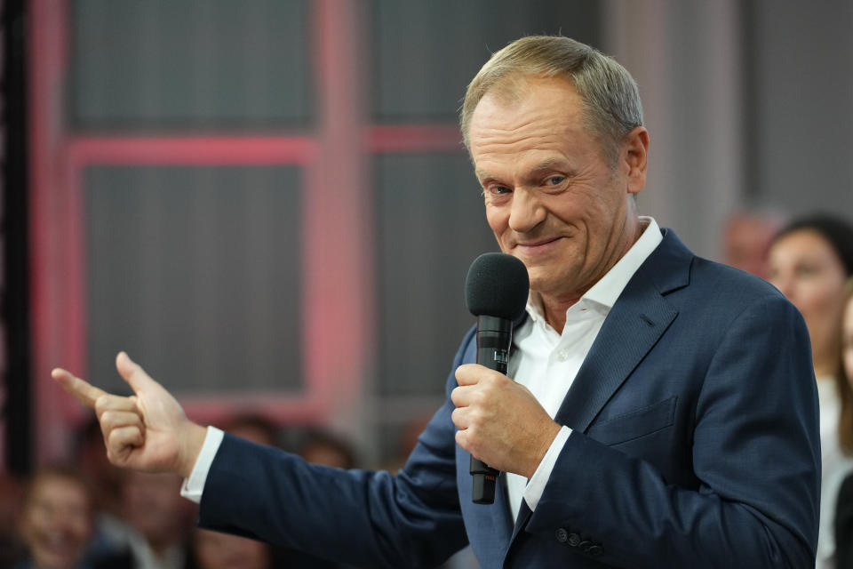Donald Tusk, a former Polish prime minister addresses supporters at his party headquarters in Warsaw, Poland, Sunday, Oct. 15, 2023. Poland's election result is on a knife edge as an exit poll says that the governing Law and Justice party won the most votes. (AP Photo/Petr David Josek)
