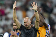 head coach Gregg Berhalter of the United States celebrates after the World Cup group B soccer match between Iran and the United States at the Al Thumama Stadium in Doha, Qatar, Wednesday, Nov. 30, 2022. (AP Photo/Ricardo Mazalan)