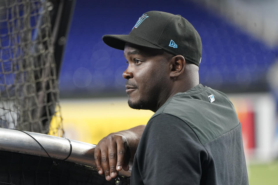 FILE - Miami Marlins bench coach James Rowson watches batting practice before a baseball game against the Philadelphia Phillies, Saturday, April 16, 2022, in Miami. Rowson, who developed a good relationship with Aaron Judge in minor leagues, was hired as the Yankees hitting coach on Monday, Nov. 13, 2023, after a season in which New York finished with the next-to-worst batting average in the major leagues.(AP Photo/Lynne Sladky, File)