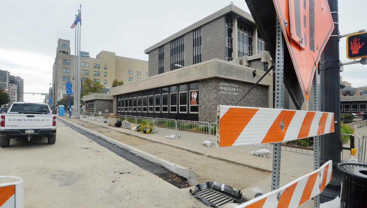 The sidewalks and parking spots in the southbound lanes of State Street, near the east entrance to Erie City Hall, are blocked due to construction in Erie on Sept. 27, 2023.