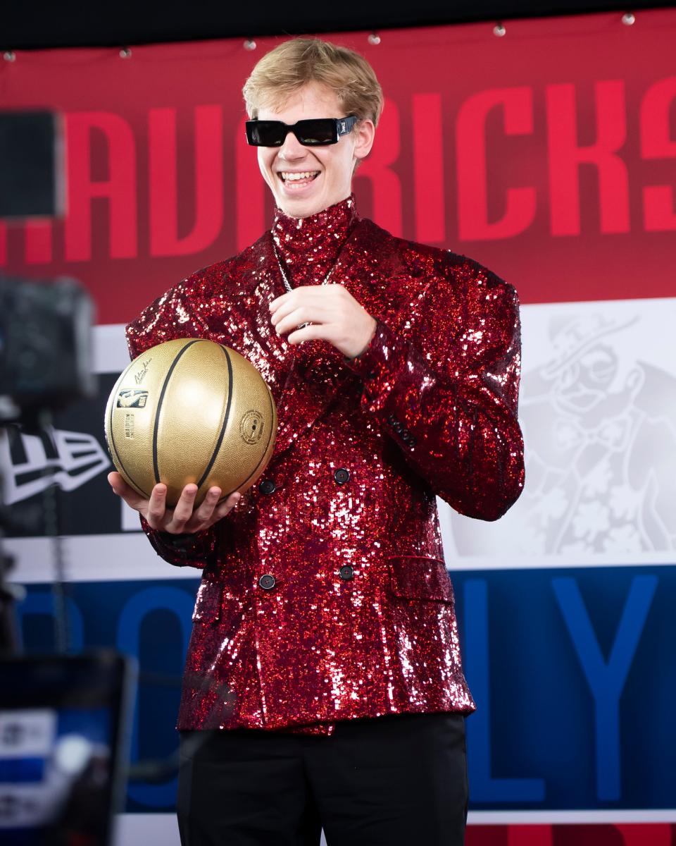 Kansas' Gradey Dick poses for an ESPN video promotion during the 2023 NBA Draft at Barclays Center on Thursday, June 22, 2023, in Brooklyn, New York.