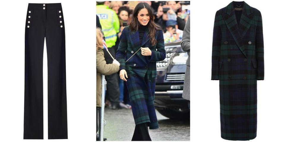 <p>Megan Markle wore a navy and dark-green double-breasted tartan wool and <a rel="nofollow noopener" href="https://www.net-a-porter.com/gb/en/product/992863/Burberry/double-breasted-tartan-wool-and-cashmere-blend-coat" target="_blank" data-ylk="slk:cashmere-blend coat;elm:context_link;itc:0;sec:content-canvas" class="link ">cashmere-blend coat</a> from Burberry for her visit to Edinburgh this afternoon. She teamed her look with Veronica Beard trousers (which we presume to be the <a rel="nofollow noopener" href="https://www.veronicabeard.com/Adley-Pants-2548.html?color=Black" target="_blank" data-ylk="slk:Adley;elm:context_link;itc:0;sec:content-canvas" class="link ">Adley</a> pair). </p>