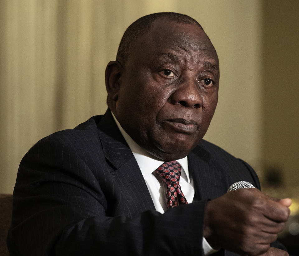 South African President Cyril Ramaphosa addresses members of the Foreign Correspondents Association in Johannesburg, Thursday, Nov. 1, 2018. Ramaphosa said his country has survived a "dark period" when corruption was rampant and is now focused on achieving economic growth and land reform to win popular support in general elections next year. (Gianluigi Guercia/Pool Photo via AP)