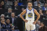 FILE PHOTO: Mar 29, 2019; Minneapolis, MN, USA; Golden State Warriors guard Stephen Curry (30) looks on during the first half against the Minnesota Timberwolves at Target Center. Mandatory Credit: Jesse Johnson-USA TODAY Sports