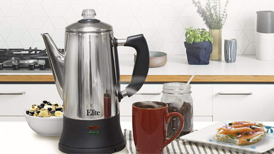 A classic coffee percolator that makes flavorful hot coffee.