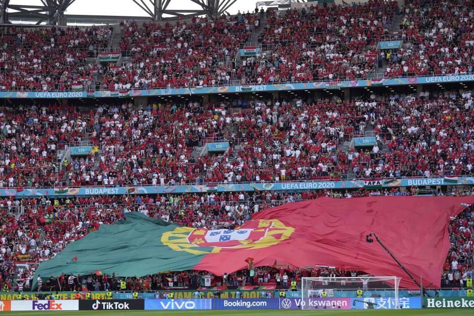 A partial view of the stadium prior to the start of the Euro 2020 soccer championship group F match between Hungary and Portugal at the Ferenc Puskas stadium in Budapest, Hungary Monday, June 15, 2021. (AP Photo/Darko Bandic, Pool)