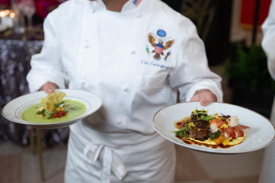 White House Executive Chef Cris Comerford presents the dishes that will be served during the upcoming State Dinner for Kenya on May 22, 2024.