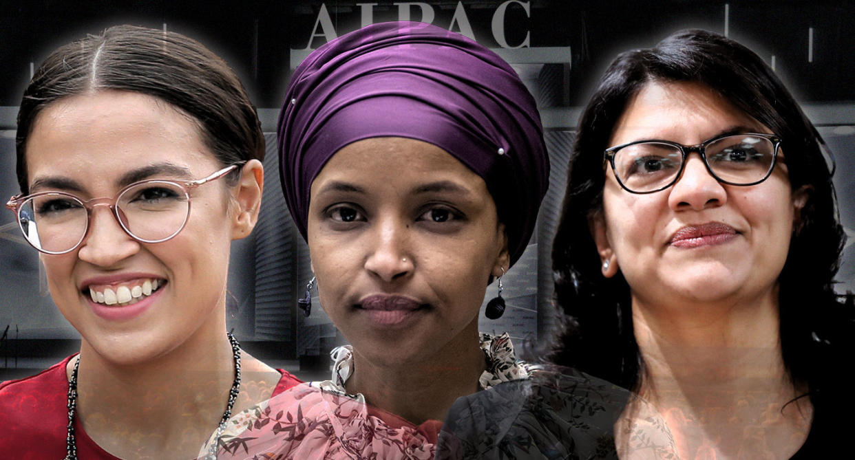 Reps. Alexandria Ocasio-Cortez, Ilhan Omar and Rashida Tlaib. (Photo illustration: Yahoo News; photos: AP (3), Michael Brochstein/Zuma Wire)