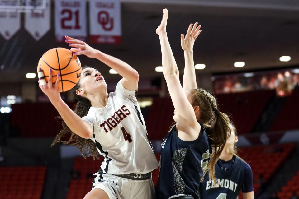 Norman's Keeley Parks (4) jumps to shoot during the girls high school basketball championship game between Norman and Edmond North at the Lloyd Noble Center in Norman, Okla., on Saturday, March 11, 2023. 