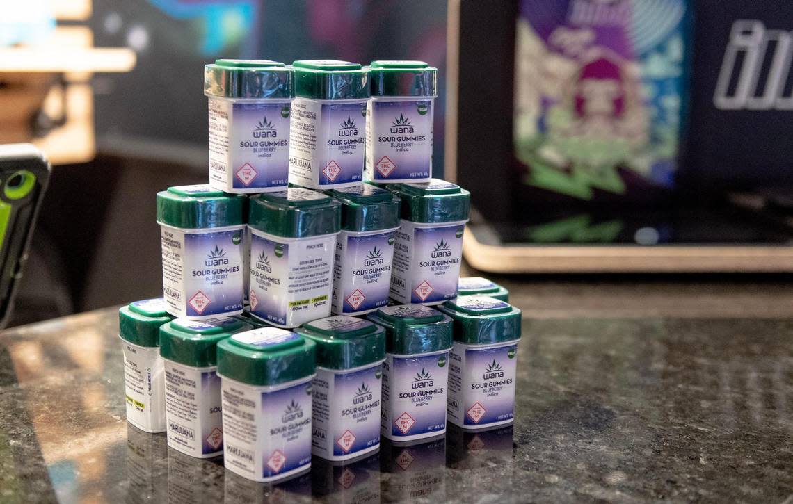 Twenty-two packs of marijuana edibles, representing the maximum amount of marijuana a person can legally possess in the state of Missouri, sit on display at Fresh Green Dispensary on Friday, Feb. 3, 2023, in Kansas City.