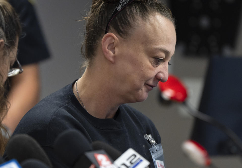 Melissa Smith, mother of Kristin Smith, leaves after speaking during a news conference on Friday, May 17, 2024, in Portland, Ore., after a grand jury indicted Jesse Lee Calhoun on second-degree murder charges in the deaths of Charity Lynn Perry, 24; Bridget Leanne Webster, 31; and Joanna Speaks, 32. (AP Photo/Jenny Kane)