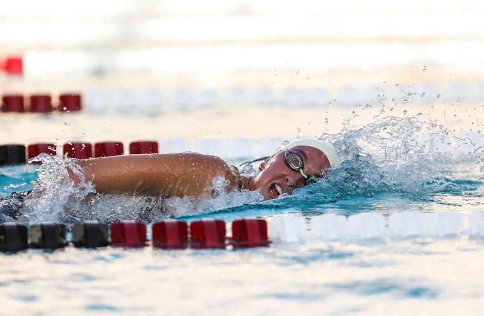 La Quinta’s Emmi Von Scherr competes in the girls 500-yard freestyle during the DEL individual swim finals at La Quinta High School in La Quinta, Calif., Thursday, April 28, 2022.