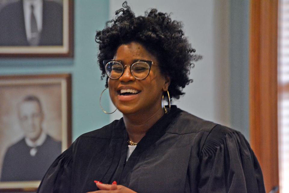 Judge Kayla Jackson-Williams smiles as she speaks Friday following her swearing-in as Division 10 judge at the Boone County Courthouse's ceremonial courtroom. 