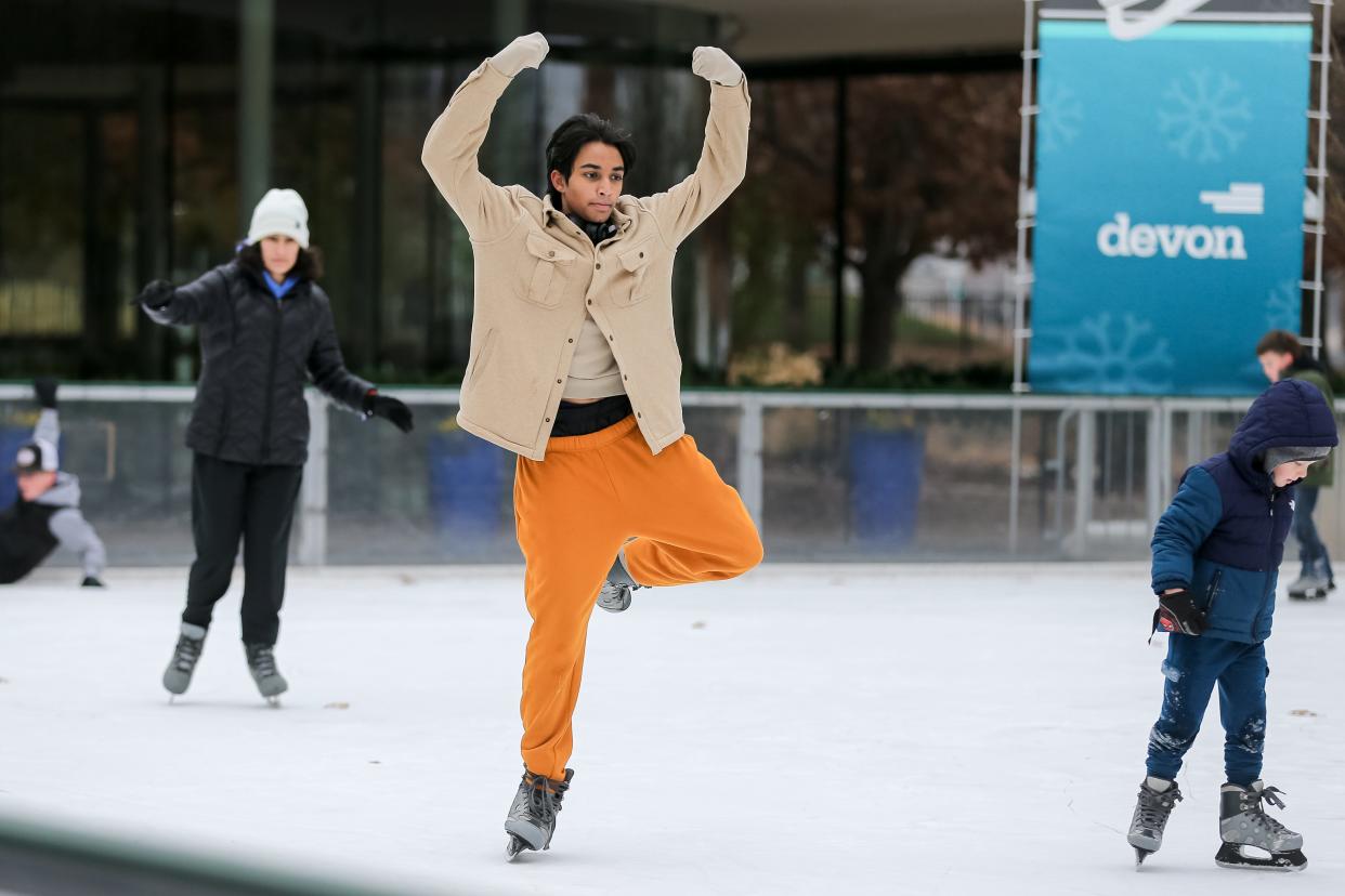 Khrish Patel skates at the Devon Ice Rink in Downtown Oklahoma City on Tuesday, Dec. 20, 2022.