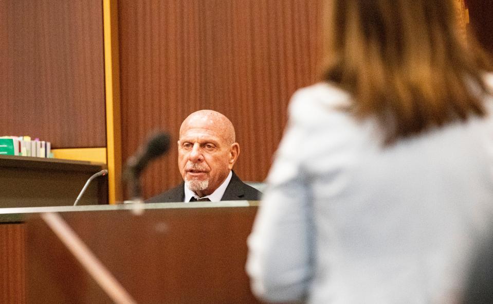 Cape Coral Police detective, Michael Lasalandra testifies during a pretrial detention motion for Christopher Horne on Thursday, May 9, 2024. Horne has been arrested in connection with the murder of Kayla Rincon-Miller, 15,. Lee County Judge Nicholas Thompson ruled that he will be held without bond.