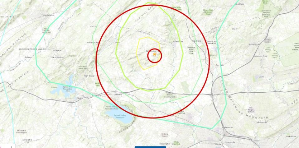 The map outlines where the earthquake originated within Trump’s Bedminster golf club. USGS Earthquakes