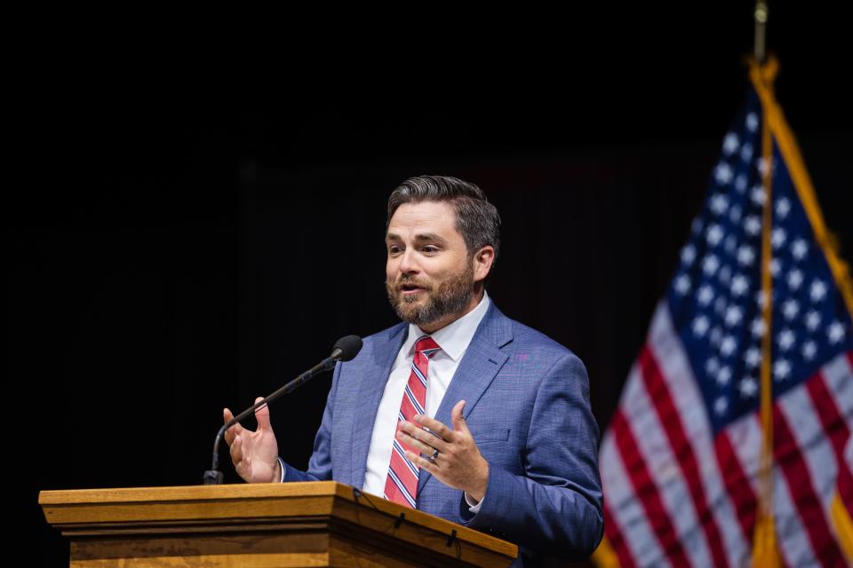 Utah Republican State Party chair candidate Rob Axson speaks during the Utah Republican Party Organizing Convention at Utah Valley University in Orem on April 22, 2023. | Ryan Sun, Deseret News