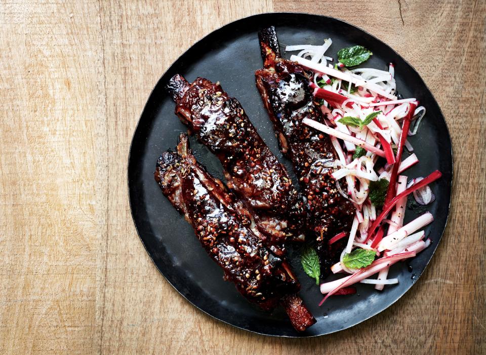 Lamb Ribs With Rhubarb and Radish Salad