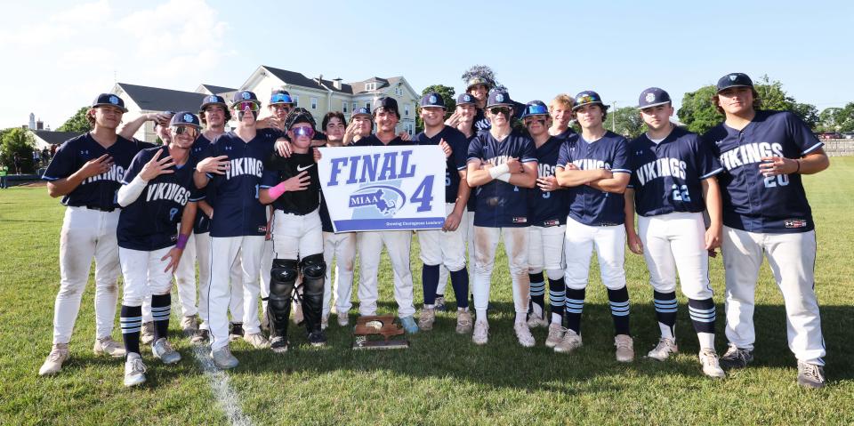 East Bridgewater players celebrate the Final Four championship at the conclusion of the Division 4 Elite 8 game against Dennis-Yarmouth on Friday, June 8, 2024.