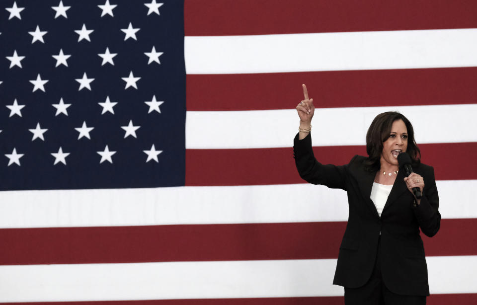 Democratic presidential candidate Sen. Kamala Harris, D-Calif., talks during her first campaign organizing event at Los Angeles Southwest College in Los Angeles, Sunday, May 19, 2019. ((AP Photo/Richard Vogel)