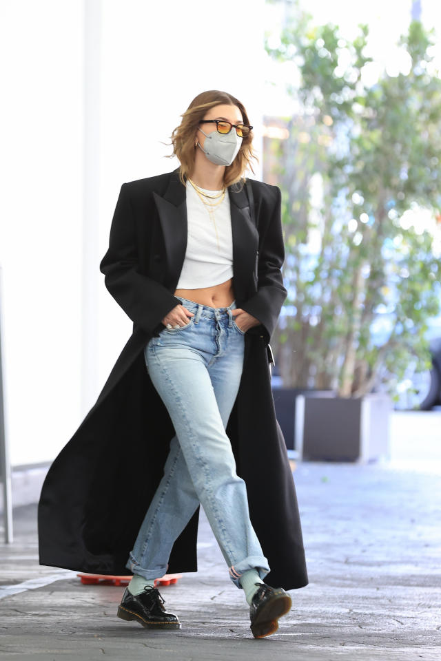 Hailey Bieber's Answer to Power Dressing Is a Leather Bomber Jacket