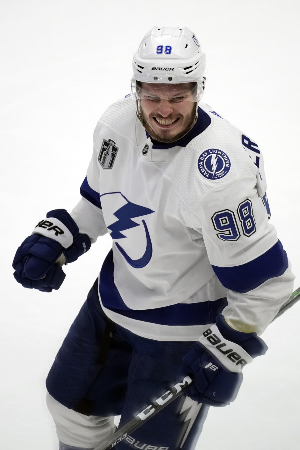 Tampa Bay Lightning defenseman Mikhail Sergachev celebrates his goal against the Colorado Avalanche during the second period of Game 1 of the NHL hockey Stanley Cup Final on Wednesday, June 15, 2022, in Denver. (AP Photo/David Zalubowski)