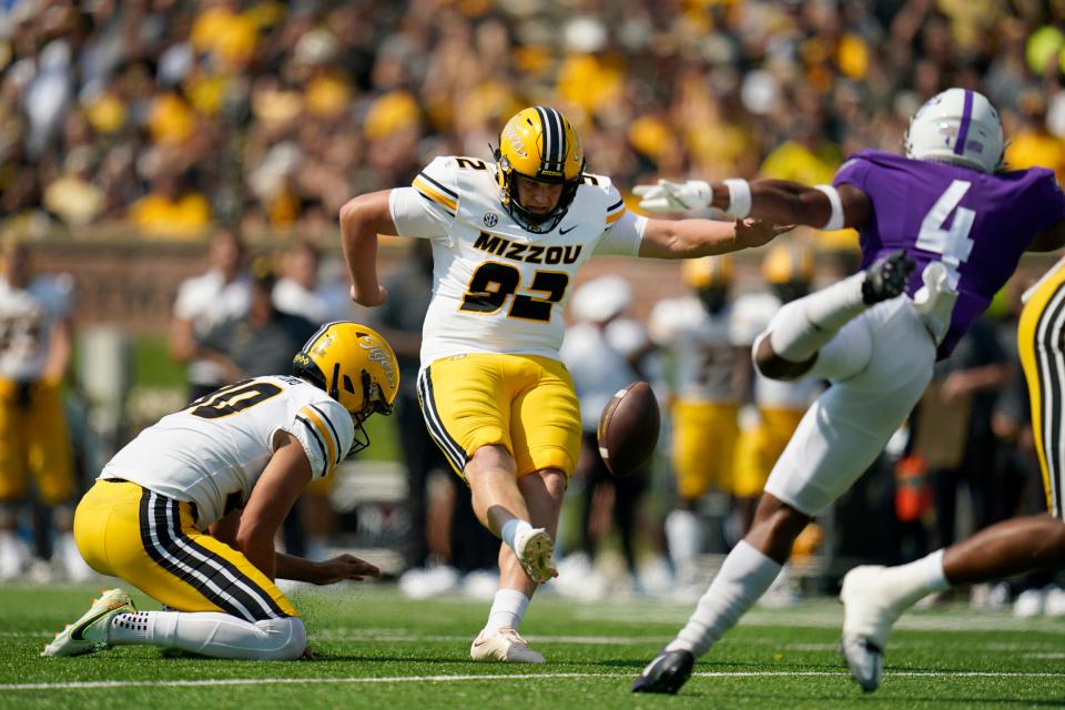 Missouri place kicker Harrison Mevis (92) kicks a 31-yard field goal during the first half of an NCAA college football game against Abilene Christian Saturday, Sept. 17, 2022, in Columbia, Mo. (AP Photo/Jeff Roberson)