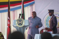 Burundi's President and summit chairperson Evariste Ndayishimiye speaks at the Third Inter-Congolese Consultations of the Nairobi Peace Process, the political track, Nairobi III, at a hotel in Nairobi, Kenya Monday, Nov. 28, 2022. The East African Community (EAC) led summit aims to find solutions to the ongoing armed conflict in Eastern Congo. (AP Photo/Brian Inganga)