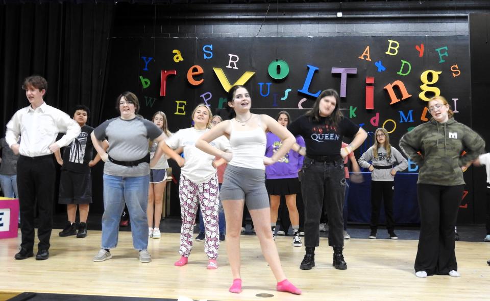 Sophomore Charlotte Seibert, center, works on chorography with students for "Matilda: The Musical" at Ridgewood High School.
