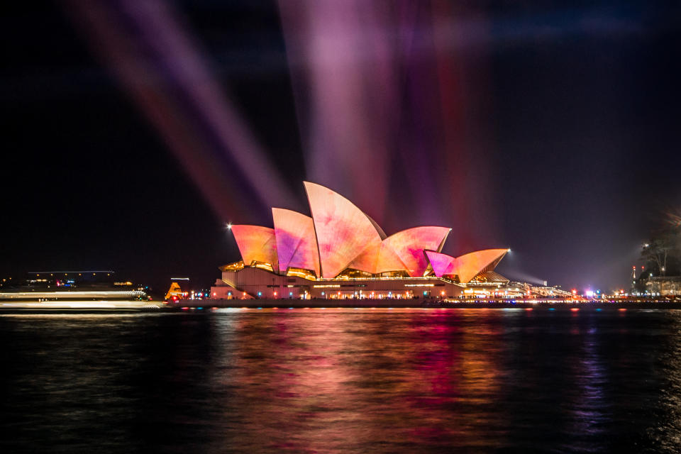 The Sydney Opera House is illuminated on June 8, 2019 in Sydney, Australia. Vivid Sydney is a festival of light, music and ideas that is held annually throughout the Sydney CBD (Photo by Morgan Hancock/NurPhoto via Getty Images)