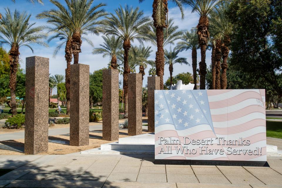 The City of Palm Desert displays a Gratitude Wall for community members to sign a message for veterans at Civic Center Park on Nov. 9, 2021, in Palm Desert, Calif.