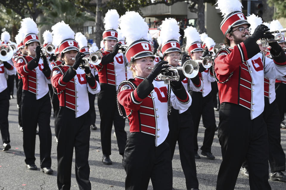 The University of Utah Marching Band marches at the 134th Rose Parade in Pasadena, Calif., Monday, Jan. 2, 2023. (AP Photo/Michael Owen Baker)