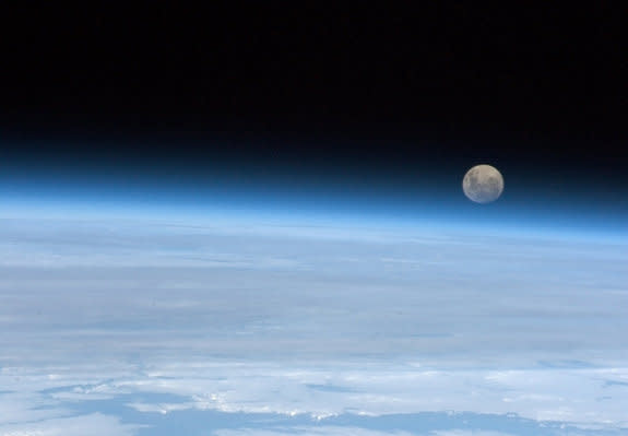 Astronaut Chris Hadfield snapped this photo of a full moon on Jan. 30 from the International Space Station. "Full Moon rising. So near, and yet..." he wrote.