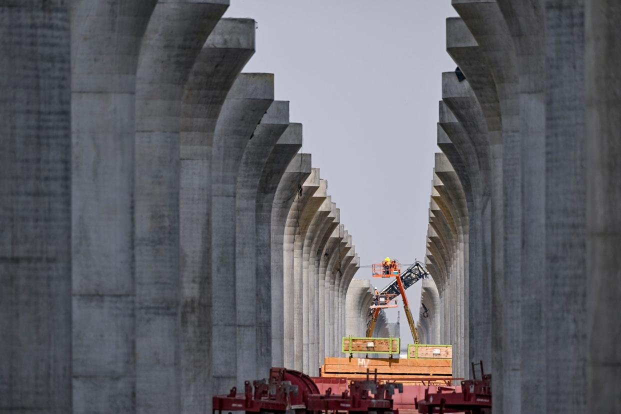 Construction continues Wednesday, March 30, 2022, on pillars for High Speed Rail in Hanford just north of Highway 198.