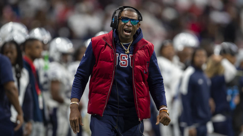 Jackson State head coach Deion Sanders shouts during the first half of the NCAA College Celebration Bowl football game against North Carolina Central, Saturday, Dec. 17, 2022, in Atlanta.  (AP Photo/Hakim Wright Sr.)