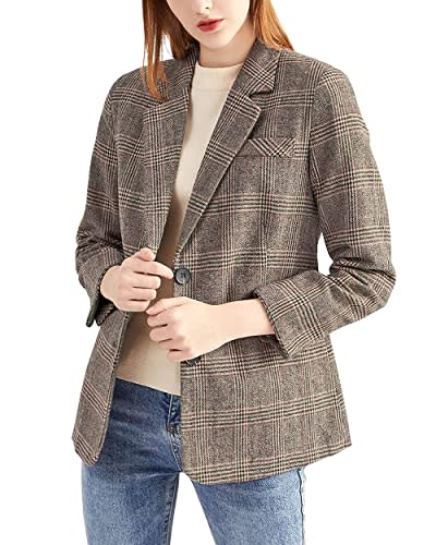 ebossy Women's Notch Lapel 2 Button Boyfriend Blazer Suit Houndstooth Plaid Jacket Coat (Medium, Mocha)