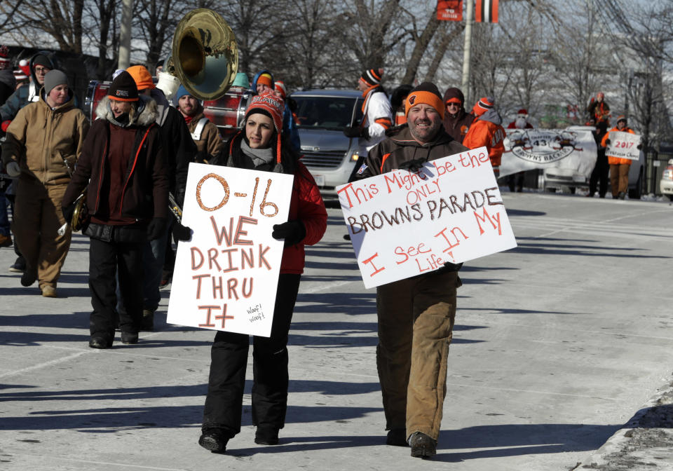 Cleveland Browns fans participate in the “Perfect Season” parade, celebrating the Browns becoming the second team in NFL history to go 0-16. (AP)