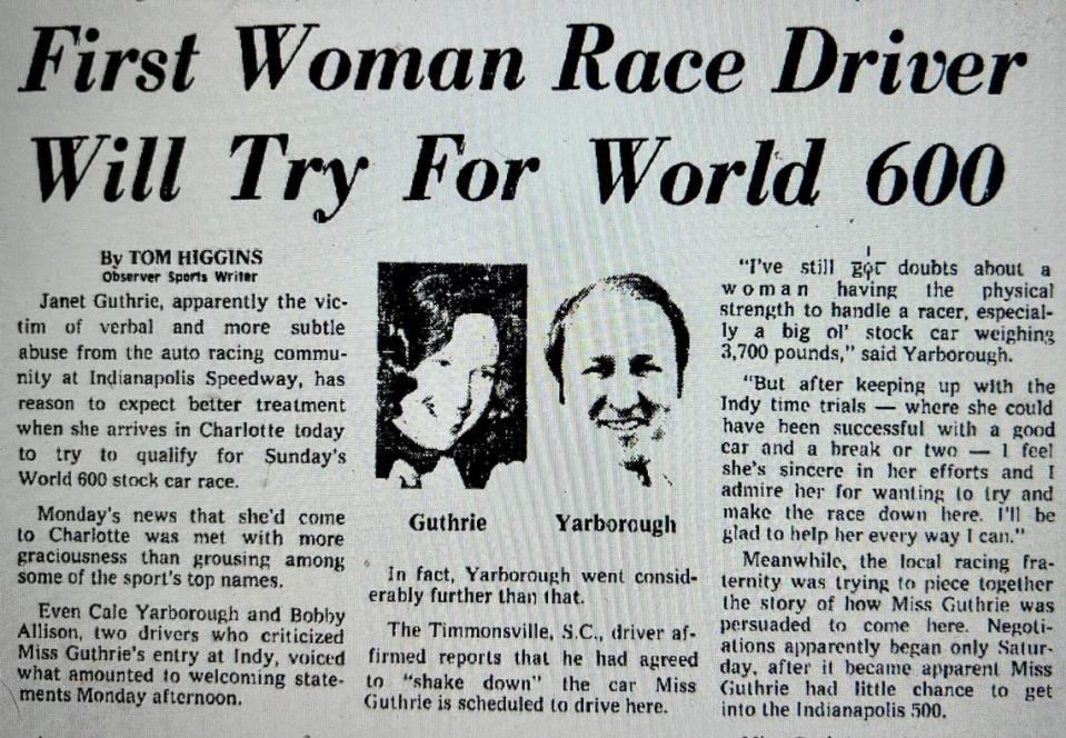 Janet Guthrie’s decision to attempt to qualify for and run in the 1976 World 600 made the front page of The Charlotte Observer on May 25, 1976, five days before the race.