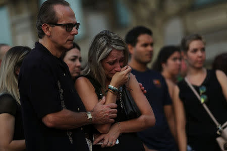 People react at an impromptu memorial where a van crashed into pedestrians at Las Ramblas in Barcelona, Spain, August 20, 2017. REUTERS/Susana Vera
