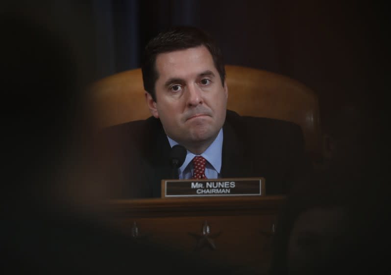 House Intelligence Committee Chairman Rep. Devin Nunes, R-Calif. listens on Capitol Hill in Washington, Monday, March 20, 2017, during the committee's hearing on allegations of Russian interference in the 2016 U.S. presidential election. (AP Photo/Manuel Balce Ceneta)