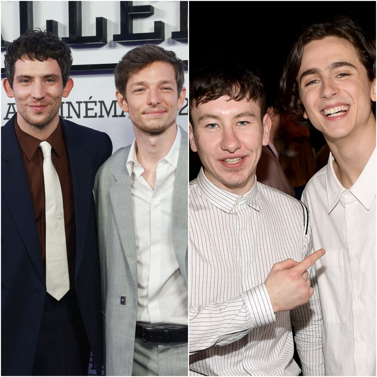 "Challengers" stars Josh O'Connor and Mike Faist pose at a movie premiere in Paris on April 6, 2024. / Barry Keoghan and Timothee Chalamet onstage during the 2018 Film Independent Spirit Awards on March 3, 2018 in Santa Monica, California.