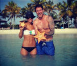 Celebrity photos: Frankie Sandford enjoyed a well deserved holiday with boyfriend Wayne Bridge last week. The pair showed off their amazing beach bodies, posing for a photo in the sea. Copyright [Frankie Sandford]