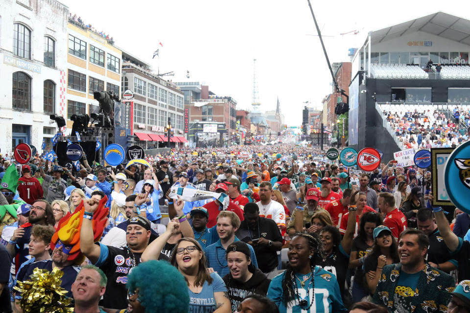 NASHVILLE, TN - APRIL 25:   A view of fans on Broadway during the first round of the 2019 NFL Draft on April 25, 2019, at the Draft Main Stage on Lower Broadway in downtown Nashville, TN.  (Photo by Michael Wade/Icon Sportswire via Getty Images)