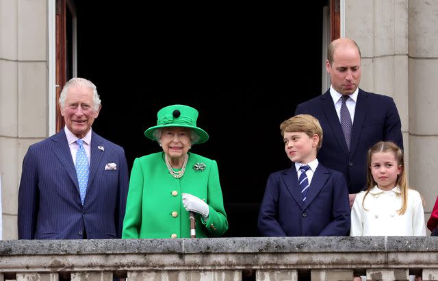 Chris Jackson - WPA Pool/Getty Then-Prince Charles, Queen Elizabeth, Prince George, Prince William and Princess Charlotte stand on the balcony of Buckingham Palace during the Platinum Pageant in 2022.