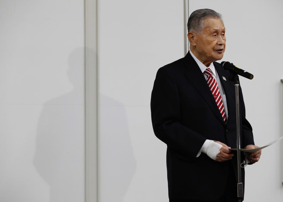 TOKYO, JAPAN - FEBRUARY 04: Tokyo Olympics Organizing Committee President Yoshiro Mori attends a press conference on February 4, 2021 in Tokyo, Japan. Former Prime Minister Mori said at an extraordinary meeting of the Japan Olympic Committee Council that 'competitive' women prolong meetings. Mori denied to step down and retract the remarks. (Photo by Kim Kyung-Hoon - Pool/Getty Images)